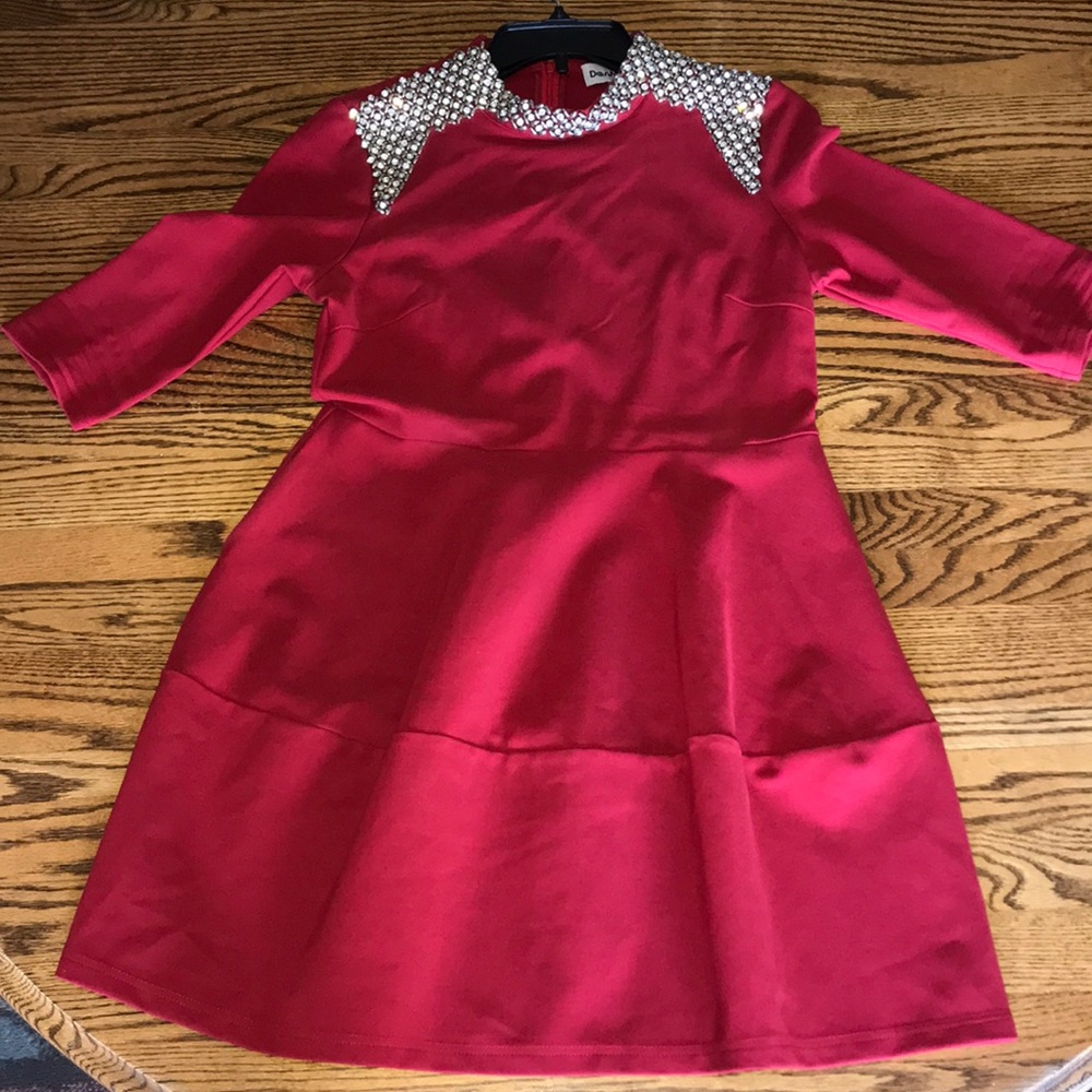 Red mock neck 3/4 sleeve skater dress